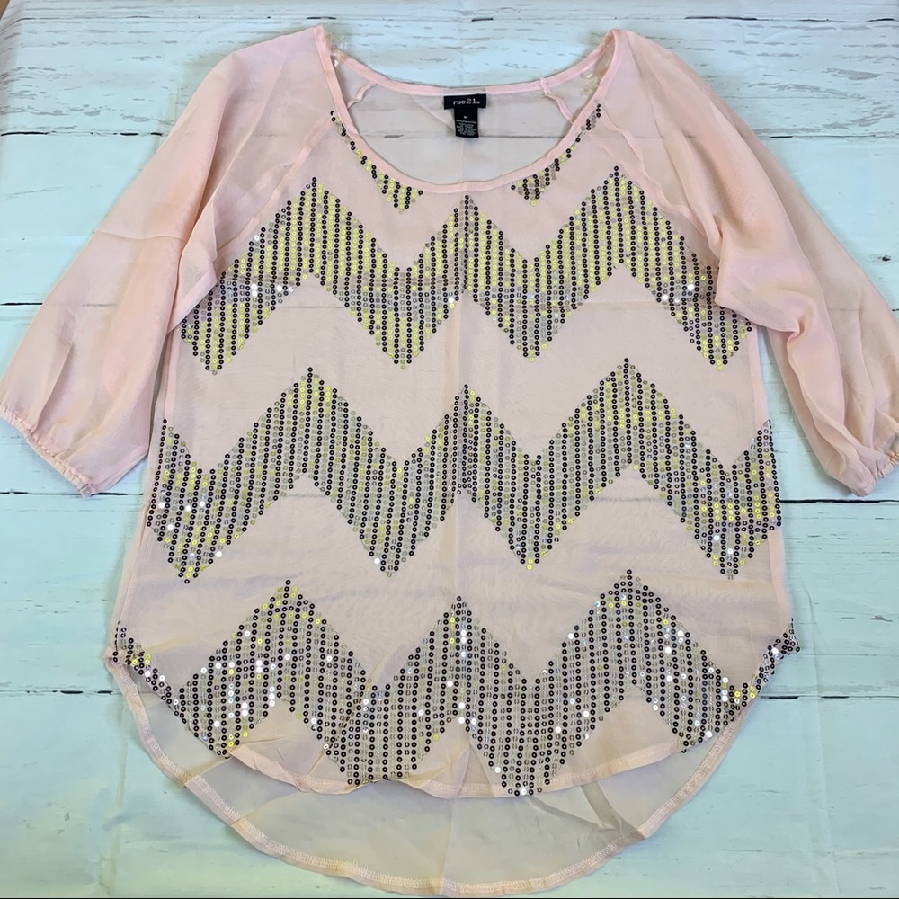 Rue21 Medium pink zigzag disco 80s sequin beads top blouse retro sheer party